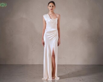 One Shoulder Satin Wedding Dress: Cowl Neck Draped Bridal Gown