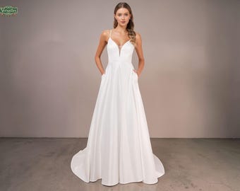 White Satin A-Line Wedding Dress with Pockets & Train