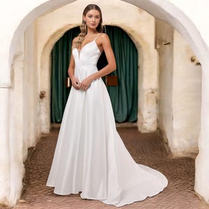 White Satin Cutout Maxi Wedding Dress With Pockets, Unique Wedding Dress, Modern Wedding Dress, A Line Wedding Dress with Train,Bridal Dress