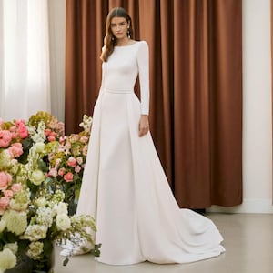 Elegant Long Sleeve Wedding Dress with Boat Neck, Modern Wedding Dress with Detachable Chapel Train, Open Back Simple Wedding Dress.