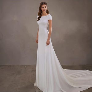 Elegant Minimalist Wedding Dress with Long Train, Simple Crepe Wedding Dress with Cap Sleeves, Rustic Open Back Wedding Dress, Ivory Gown.