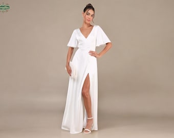 Minimalist White Satin Wedding Dress: V-Neck, Flutter Sleeves, Open Back