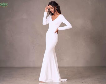 White Mermaid Wedding Dress: Long Sleeve Backless Formal Gown