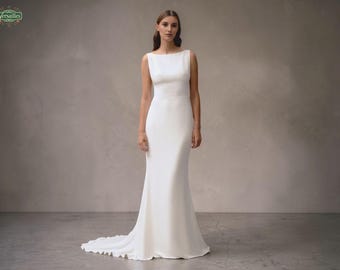 Satin Mermaid Wedding Dress, Boat Neckline, Open Back