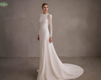 Formal Long Sleeve Wedding Dress with Chiffon Cape, Chapel Train Gown