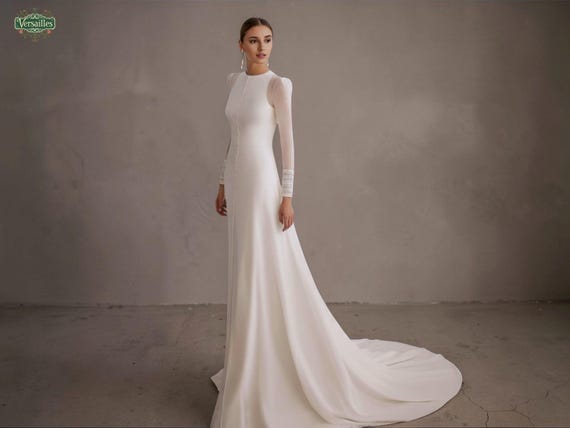 Formal Long Sleeve Wedding Dress with Chiffon Cape, Chapel Train Gown