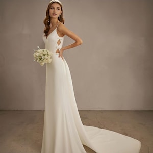 Modern White Crepe Wedding Dress: Geometric Cutouts, Open Back