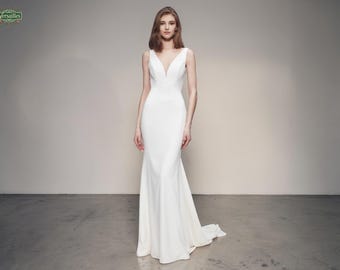 Minimalist V-Neck Wedding Dress, Mermaid Crepe Low Open Back Wedding Dress, Elegant Button Back Wedding Dress with Chapel Train.