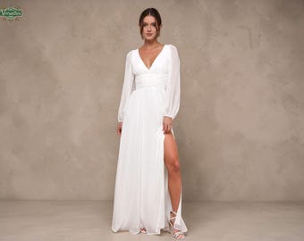 Boho Chiffon Wedding Dress: V-Neck, High Slit, Open Back