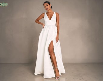 Minimalist Satin V-Neck Wedding Gown: A-Line High Slit, Back Bow