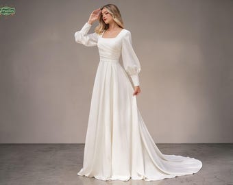 Square Neck Crepe Wedding Dress, Puff Sleeves, Button Back