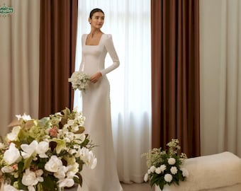 Modern Minimalist Wedding Dress, Square Neck Long Sleeve Bridal Gown with Open Back and Buttons, Crepe Wedding Dress, Simple Wedding Dress