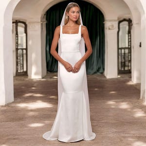 White Satin Mermaid Wedding Dress: Backless Square Neck Bridal Gown