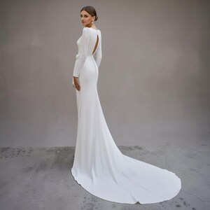 Modern Square Neck Crepe Wedding Dress: Floral Sash & Chapel Train