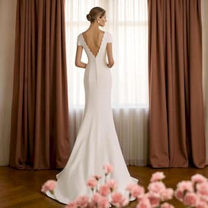 Minimalist Mermaid Crepe Wedding Dress: Scalloped Boat Neck, High Slit