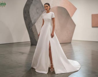 Minimalist Short Sleeve Wedding Dress, High Neck A-Line Bridal Gown Pockets, Button Back Silhouette