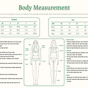 May include: Body measurement guide with size charts in inches and centimeters. Includes bust, waist, and hip measurements for sizes XS to XL. Instructions for taking measurements are also provided.