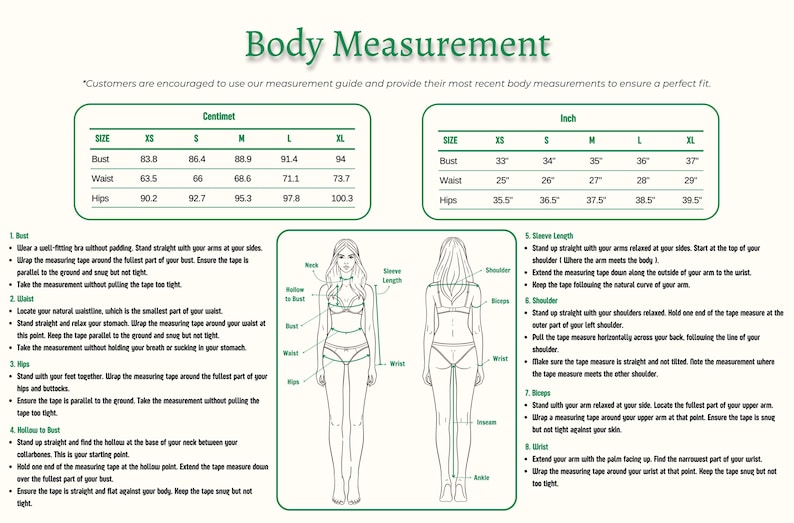 May include: Body measurement guide with size charts in inches and centimeters. Includes bust, waist, and hip measurements for sizes XS to XL. Instructions for taking measurements are also provided.
