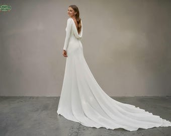Modest Long Sleeve Wedding Dress with Waterfall Back, Simple Elegant Boat Neck Wedding Dress with Sweep Train, Minimalist Wedding Gown.