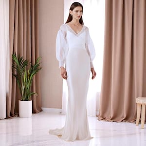 Mermaid Wedding Dress with Organza Gown, Satin Bridal Gown with Bishop Sleeves, Maxi Low Back Wedding Dress, Simple Backless Wedding Dress.