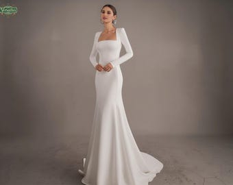 Minimalist Crepe Wedding Gown, Modest Long Sleeve Mermaid Bridal Dress