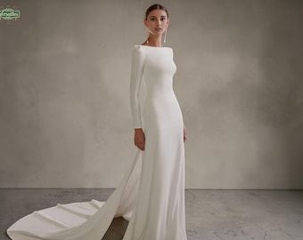 Elegant Crepe Wedding Dress, Long Sleeve Open Back, Chapel Train
