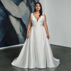 white satin dress plus size Plus Size Off Shoulder Wedding Dress with Flower Sleeves - Satin Wedding Dress with Side Slit and Corset Back