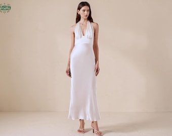Satin Halter Neck Wedding Dress: Modern Backless Midi Bridal Gown