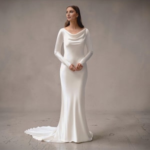 Satin Long Sleeve Cowl Neck Wedding Dress, Modern Sheath Silhouette, Chapel Train