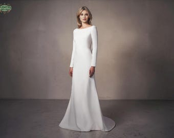 Simple Long Sleeve Boat Neck Wedding Dress, Minimalist Cowl Back Wedding Dress with Sweep Train,  Modest Wedding Dress, Rustic Wedding Dress