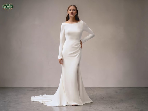 boat neck long sleeve white dress boat neck long sleeve dresses Sheath Wedding Dress Long Sleeve Boat Neckline Backless Buttons Beach TANYA