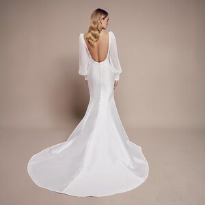 Elegant Fit & Flare Wedding Dress, Square Neck Puff Sleeve, Open Back image 2