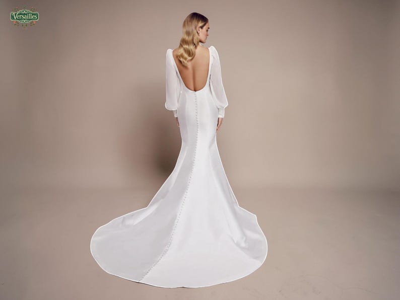 Elegant Fit & Flare Wedding Dress, Square Neck Puff Sleeve, Open Back image 2