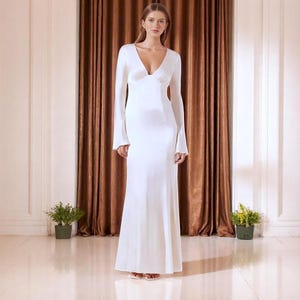 Elegant Long Sleeve Satin V-Neck Wedding Dress, Minimalist Bridal Gown, Bell Sleeve Wedding Dress, Simple Wedding Dress, Engagement Dress.