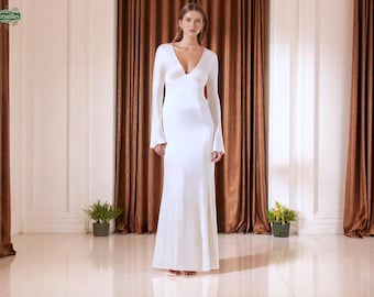 Elegant Long Sleeve Satin V-Neck Wedding Dress, Minimalist Bridal Gown, Bell Sleeve Wedding Dress, Simple Wedding Dress, Engagement Dress.
