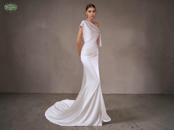 one shoulder ruched wedding dress Leely Women White Long Wedding Reception Dress with Sleeves One Shoulder Ruched Engagement Dress with Slit