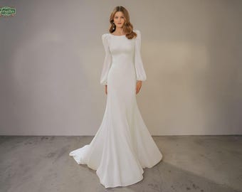 Modern Mermaid Wedding Gown, Boat Neck, Puff Sleeves, Open Back