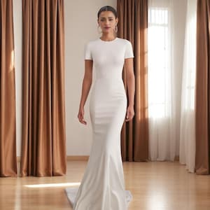 Simple Elegant Wedding Dress with Short Sleeve, Crepe Wedding Dress with Back Button, Minimalist Bridal Gown with Train, Modest Bridal Gown.