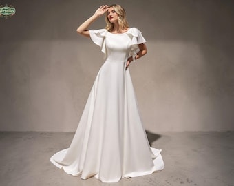 Minimalist A-Line Wedding Dress, Flutter Sleeve Bridal Gown, Fairy Button Back