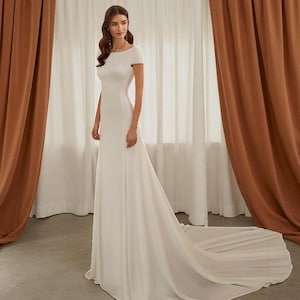 Elegant Minimalist Wedding Dress with Long Train, Simple Crepe Wedding Dress with Cap Sleeves, Rustic Open Back Wedding Dress, Ivory Gown.
