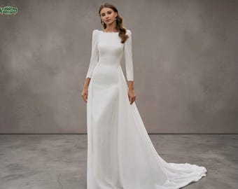 Elegant Boat Neck Crepe Wedding Dress, Long Sleeve Backless Minimalist Gown