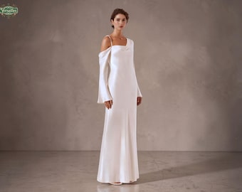 Asymmetric One Shoulder Satin Wedding Dress: Modern Cowl Neck Bridal Gown