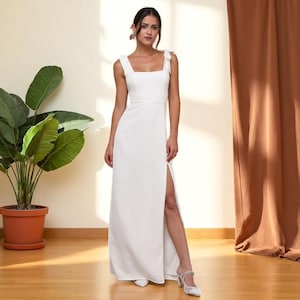 Square Neck Bow Strap Wedding Dress with Side Slit, Simple Elegant Bridal Gown, Minimalist White Crepe Wedding Dress, Rustic Bridal Gown.