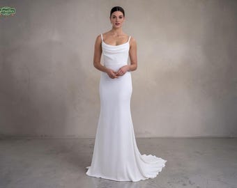 Simple and Elegant Ivory Crepe Wedding Dress, Low Back Cowl Neck Mermaid Bridal Gown, Spaghetti Straps Minimalist Bridal Gown.
