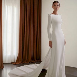 Elegant Long Sleeve Wedding Dress with Chapel Train, Modest Boat Neck Wedding Dress with Open Back, Minimalist Crepe Wedding Dress.