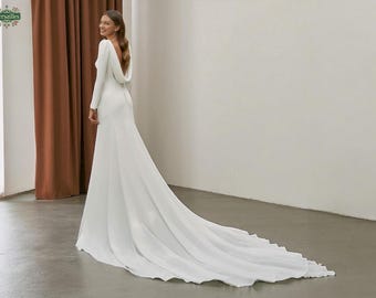 Modest Long Sleeve Wedding Dress with Waterfall Back, Simple Elegant Boat Neck Wedding Dress with Sweep Train, Minimalist Wedding Gown.