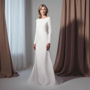 Simple Long Sleeve Boat Neck Wedding Dress, Minimalist Cowl Back Wedding Dress with Sweep Train,  Modest Wedding Dress, Rustic Wedding Dress