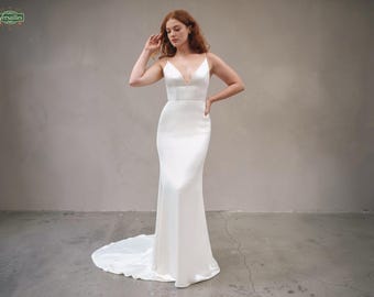 Minimalist Satin Sheath Wedding Dress, Low Back, Chapel Train
