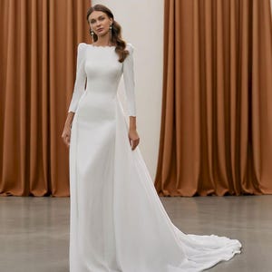 Simple Elegant Boat Neck Wedding Dress, White Crepe Wedding Dress With Long Sleeve, Minimalist Backless Wedding Dress, Modest Wedding Dress.