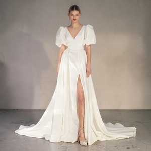 Elegant Puff Sleeve Satin Wedding Dress, Modern A-Line Bridal Gown